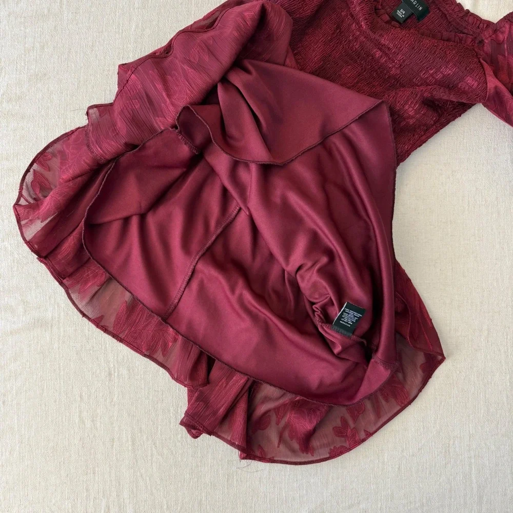 B. Darlin Burgundy Floral Burnout Smocked Tiered Mini Dress Womens 3/4 NWT - Picture 4 of 7